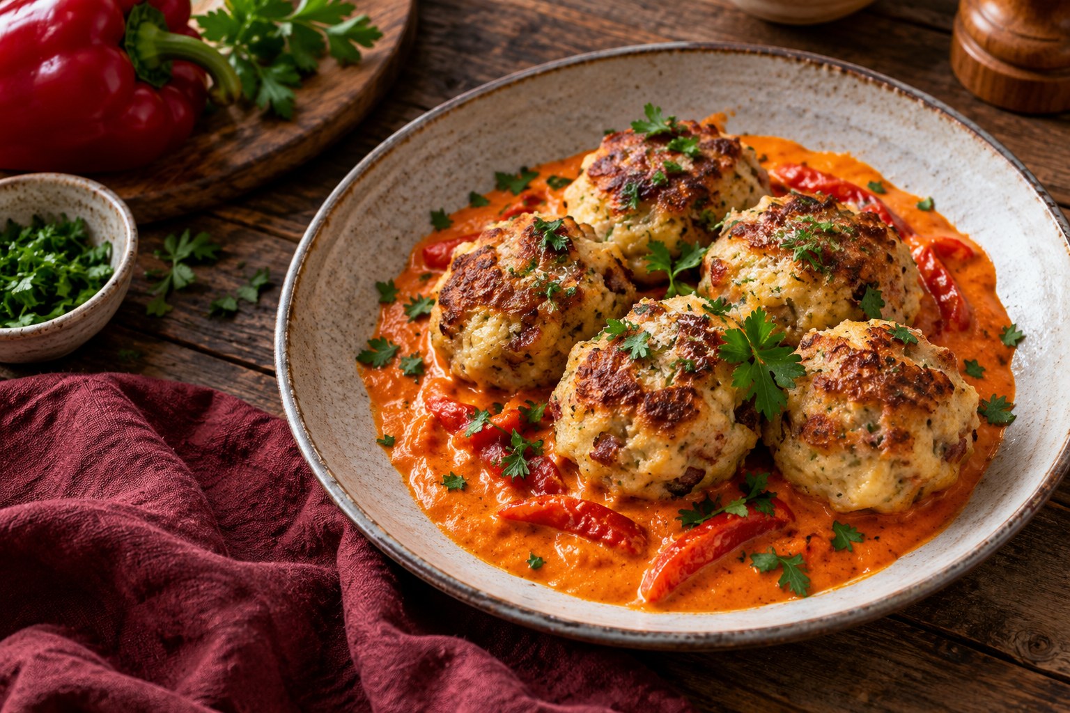 Goldene Brezenknödel mit Paprika-Rahm auf einem rustikalen Küchentisch